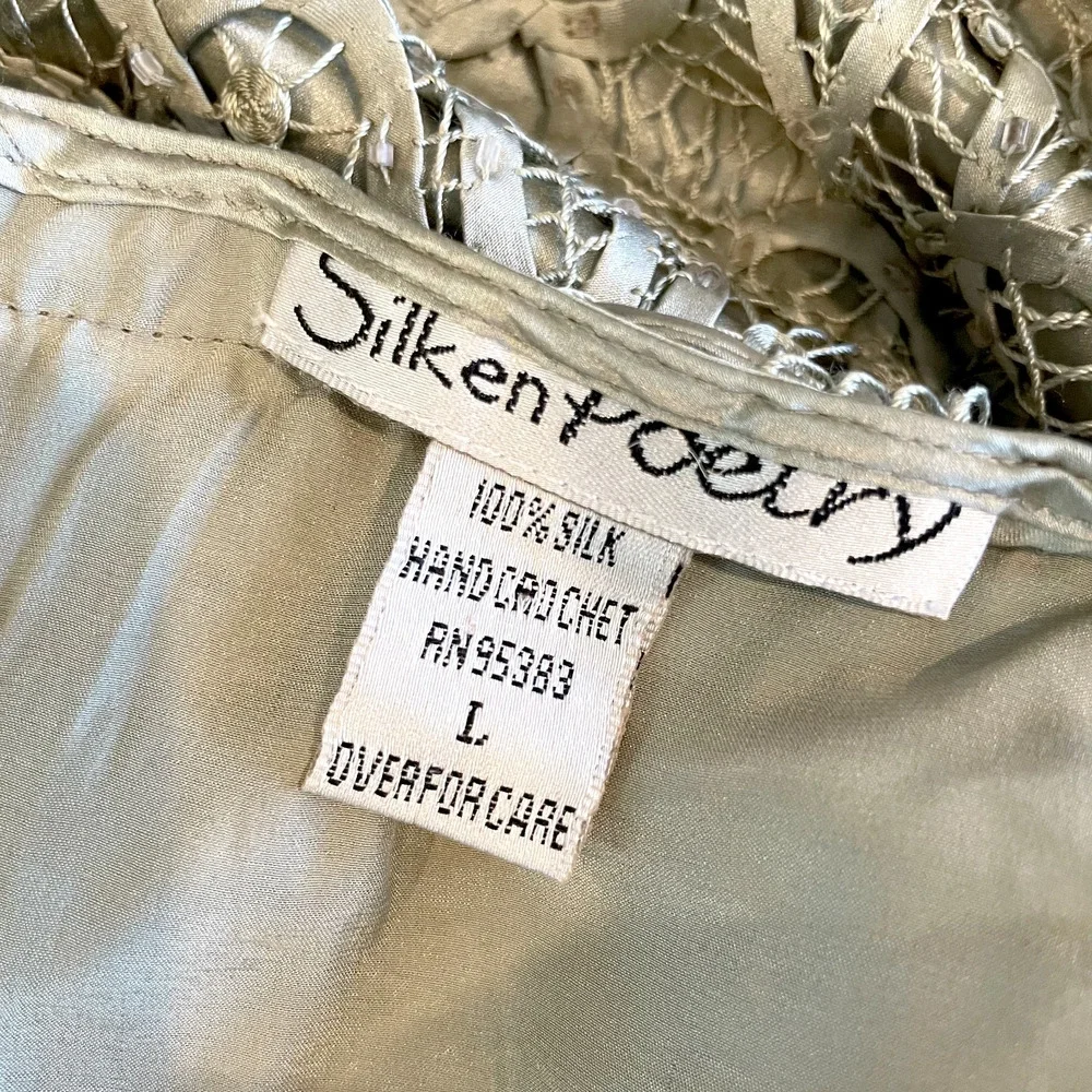 Vintage 90s Silk Crochet Maxi Skirt Large Beaded Fairy Grunge Festival Green - Picture 9 of 12